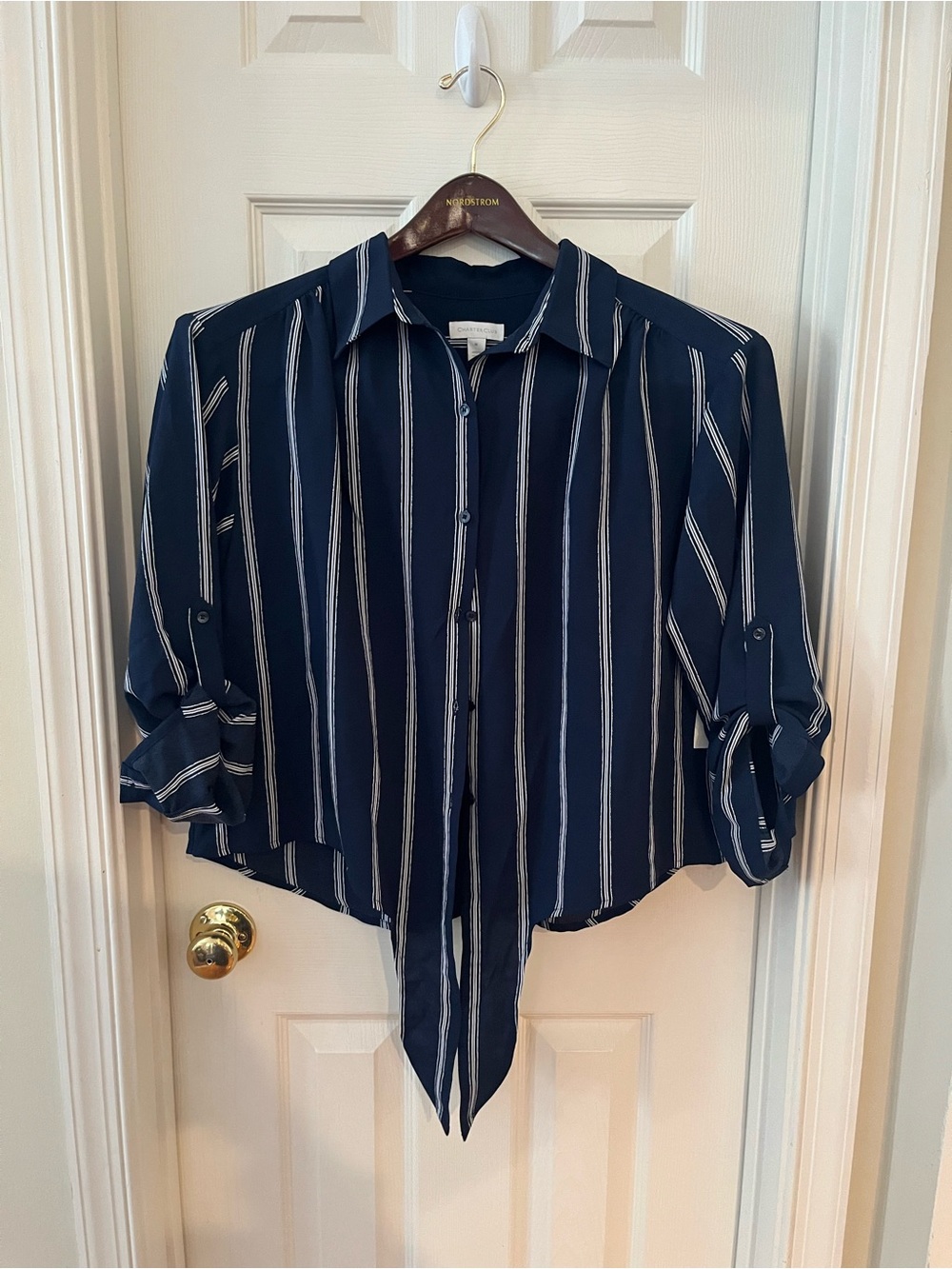Charter Club Navy and White Striped Tie-Front Button Shirt and Capris